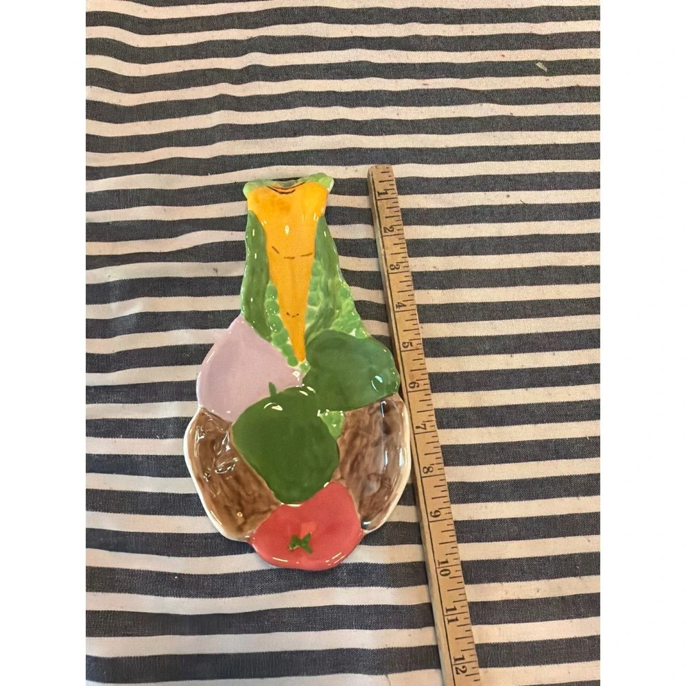Vintage Hand Painted Ceramic Vegetable Spoon Rest Garden Harvest 9.5